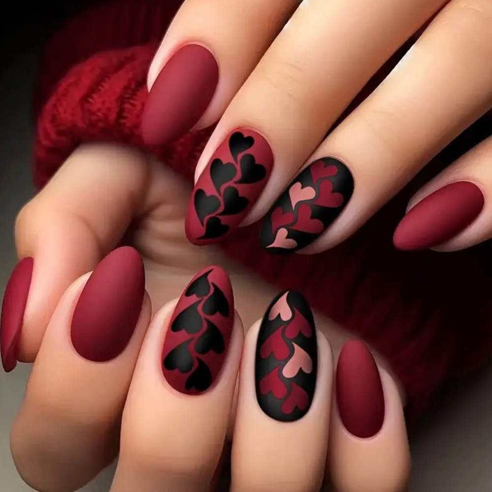 24pcs Embossed Hearts Press-On Nails Matte Finish w 3D & Almond Shape Length M